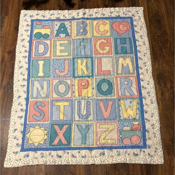 Handmade Other - Vintage Handmade Crib Quilt Alphabet 90s 80s Colorful Floral